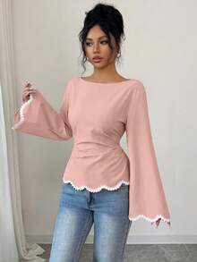 Elenzga 1 buah Blus Wanita Musim Semi/Panas Motif Hati Bergelombang dengan Hiasan Tenun dan Pinggang Berkerut - Redwood - View 5