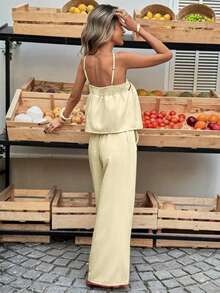 Selianne French Retro Casual Tropical Women Set,Strapless Camisole Top,Contrasting Ruffle Trim,Loose High Waist Pants With Pockets,Beige,Summer,Boho - Pale Yellow - View 2