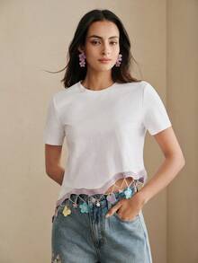 Anewsta Tricou pentru femei cu panglică și pandantiv floral asimetric la tiv, potrivit pentru vacanță - alb - Vizualizare 4