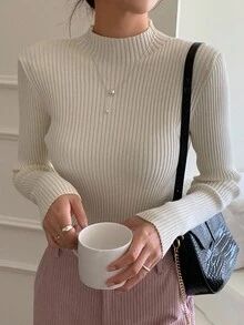 DAZY Mock Neck Ribbed Knit Sweater,Long Sleeve Tops,Fall Clothes - Beige - View 8