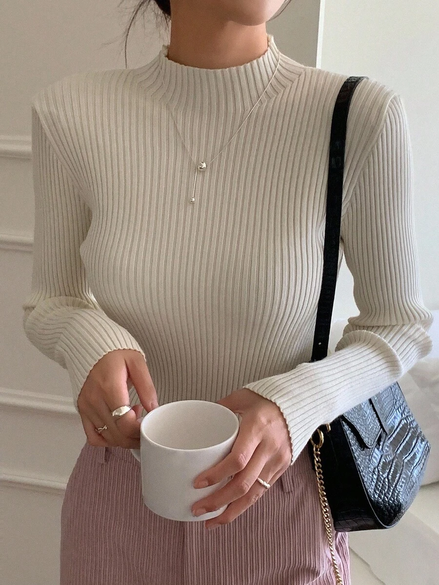 DAZY Mock Neck Ribbed Knit Sweater,Long Sleeve Tops,Fall Clothes - Beige - View 1