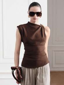 Aveloria Modichic Women's Asymmetrical Neckline T-Shirt,Brown And Gold Metal Ring Ruched Blouse,Slim Fit Worsted Knit Elegent Old Money Style,Summer Dinner Date Top - Brown - View 4