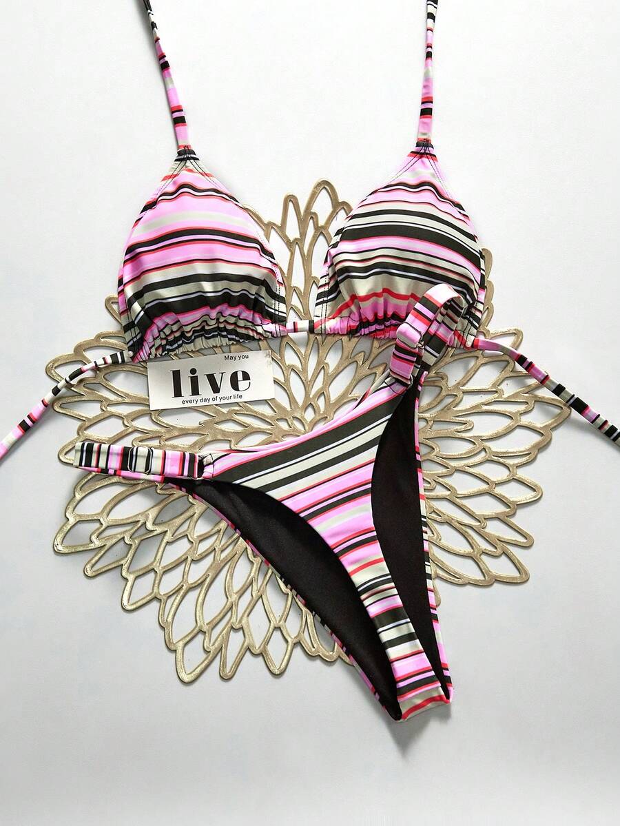 SHEIN Swim 女款兩件式多色條紋隨機印花性感V領掛脖綁帶比基尼套裝,夏季 - 彩色 - 查看 1