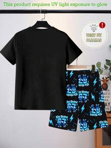 Tween Boys Glow-In-The-Dark Graphic Print Tight Fit Pajama Set, 2pcs - Includes Crew Neck Top And Allover Print Shorts - Black - View 2