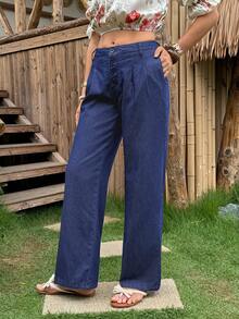 Breezaya Quần jean ống rộng dáng casual dành cho nữ, có túi. - Màu xanh lam - Xem 5