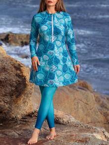 Swim Mulvari Plus Size Women's Shell Print Burkini Swim 2pcs/Set Gradient Color Full Coverage Modest Swimwear,Baby Blue Summer Beach Holiday Outfit Cruise Wear - Multicolor - View 5