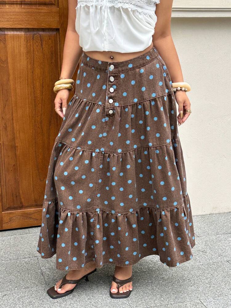 Rivivi Plus Size Ruffled Denim Skirt, Western Wear For Women - Brown - View 4