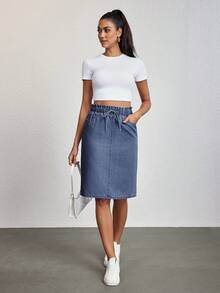 SHEIN Tall 女款休閒抽繩腰直筒牛仔裙，夏季，高個女性適用 - 藍色 - 查看 6
