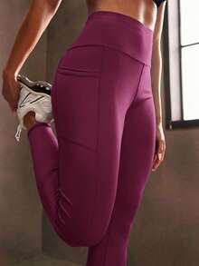 Powerista Women's Minimalist Solid Color High Waist Patchwork Pocket Shapewear Leggings - Red Violet - View 1