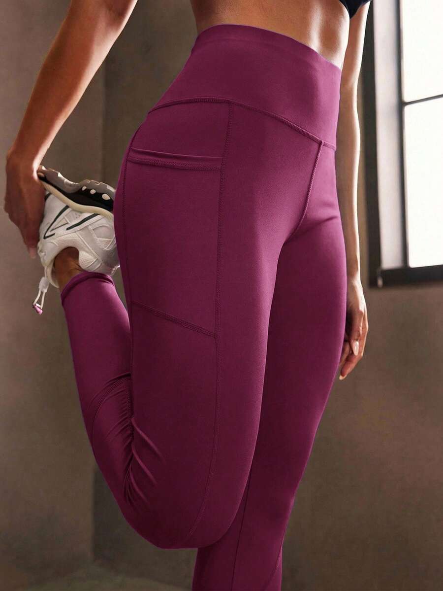 Powerista Women's Minimalist Solid Color High Waist Patchwork Pocket Shapewear Leggings - Red Violet - View 1