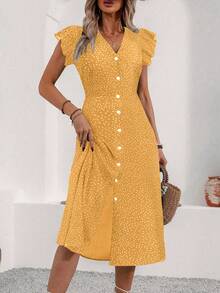 EMERY ROSE 女士时尚V领系带腰身开衩下摆夏季度假连衣裙，新年服装，长款度假沙滩装 - 黃色 - 查看 4