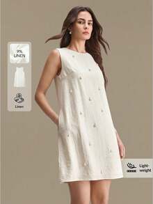 Ontre Đầm midi không tay pha vải lanh, dáng ôm, cổ tròn, cúc ngọc trai, phong cách thời trang thành thị lãng mạn thanh lịch, phù hợp cho du lịch biển, dự đám cưới, công sở, trang phục công sở đa năng mọi mùa, thời trang thành thị hiện đại, trang phục công sở nữ, phong cách quý tộc cổ điển tinh tế, trang phục cao cấp dành cho người đi làm và đi sân bay, trang trí mặt dây chuyền ngọc trai, thời trang thành thị hiện đại, trang phục công sở nữ, đầm lanh công sở, đầm hè nữ, nhẹ nhàng - trắng - Xem 1