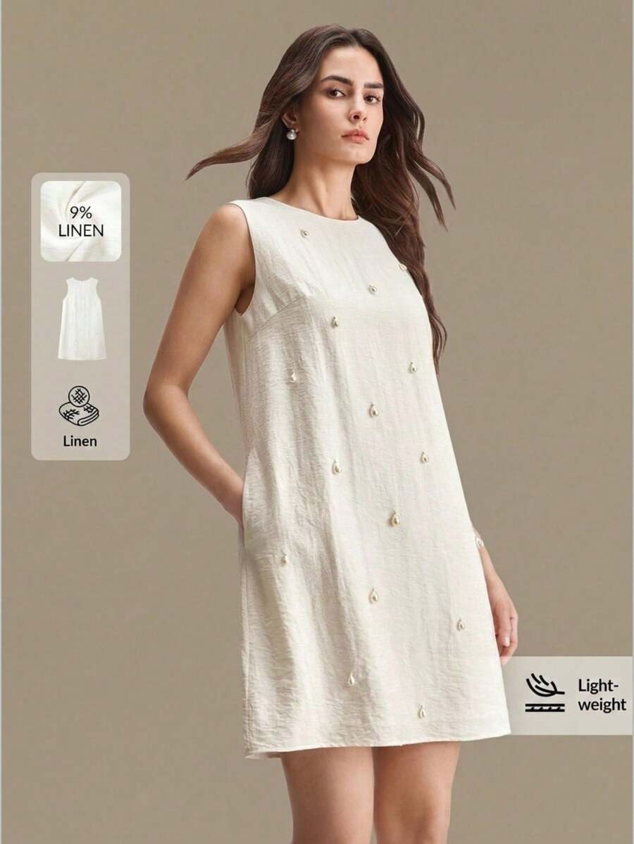 Ontre Đầm midi không tay pha vải lanh, dáng ôm, cổ tròn, cúc ngọc trai, phong cách thời trang thành thị lãng mạn thanh lịch, phù hợp cho du lịch biển, dự đám cưới, công sở, trang phục công sở đa năng mọi mùa, thời trang thành thị hiện đại, trang phục công sở nữ, phong cách quý tộc cổ điển tinh tế, trang phục cao cấp dành cho người đi làm và đi sân bay, trang trí mặt dây chuyền ngọc trai, thời trang thành thị hiện đại, trang phục công sở nữ, đầm lanh công sở, đầm hè nữ, nhẹ nhàng - trắng - Xem 1