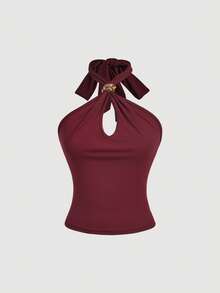 SHEIN MOD 女士优雅金属装饰露背紧身衣，夏季 - 酒紅色 - 查看 5