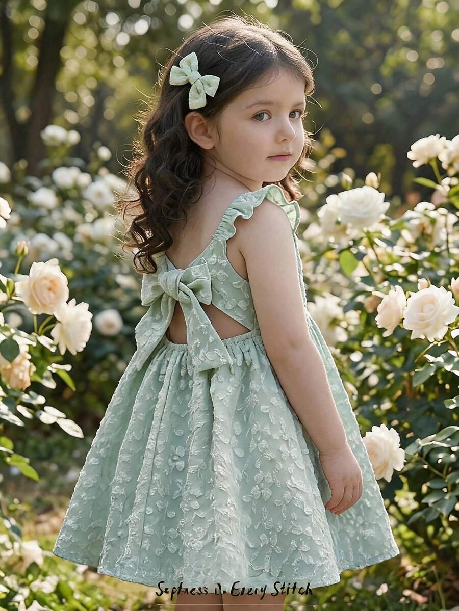 Cozy Pixies Cozy Pieces 女婴可爱夏季蝴蝶结镂空袖连衣裙 - 青碧色 - 查看 1