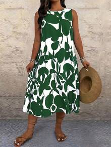 SHEIN LUNE CURVE Plus Size Women Vacation Floral Print Contrast Color Sleeveless Dress, Beach - Dark Green - View 5
