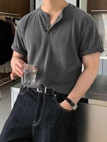 DAZY 男士夏季灰色华夫格短袖修身圆领亨利领T恤 - 深灰色 - 查看 2