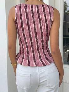 Siren Gaze Elegant French Casual Boho Chic Pink Checkered Stripe Top Smocked Sleeveless Blouse Ruffle Hem Summer Winter Outfits Commuter Vacation Everyday - Multicolor - View 3