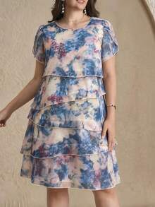 Reflora 大码女式时尚休闲多层扎染印花连衣裙 - 藍色 - 查看 1