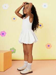 SHEIN Young Girl Knitted Solid Color Round Neck Patchwork Woven Fitted Dress - White - View 3