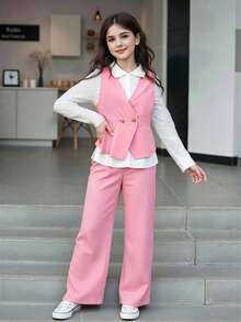 SHEIN Sparklyn Bộ 3 món cho bé gái tuổi teen, kiểu dáng thường ngày, gồm áo khoác không tay cổ chữ V có thắt lưng, áo sơ mi trắng dài tay và quần ống rộng thẳng, thích hợp cho mùa xuân và mùa thu. - Hồng - Xem 7