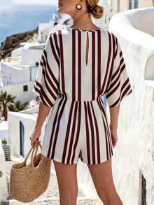SHEIN Holidaya Women's Casual Tropical Retro Jumpsuit, V-Neck Sleeveless White And Burgundy Jumpsuit, Holiday Elegant Outdoor Vacation Summer - Red and White - View 2