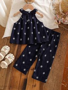SHEIN Vintaside Kids 女婴夏季蓝色碎花无袖上衣和阔腿裤套装，适合休闲外出、家庭旅行、度假和聚会。 - 黑色 - 查看 2
