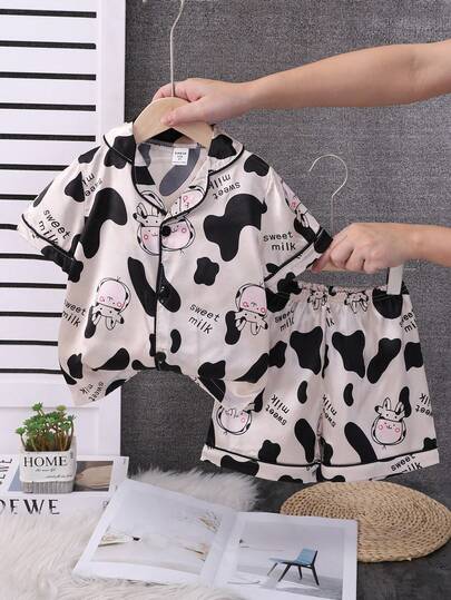 Young Girl' Faux Silk Allover Cow Print Cute Icy Silk Feeling Short Sleeve Shorts Pajama Set