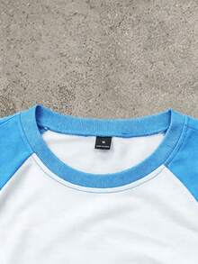 PAVTROS Men's Contrast Color Round Neck Raglan Sleeve Long Sleeve T-Shirt With Letter & Cross Print, Suitable For Daily Life, Travel And Vacation - Blue - View 4