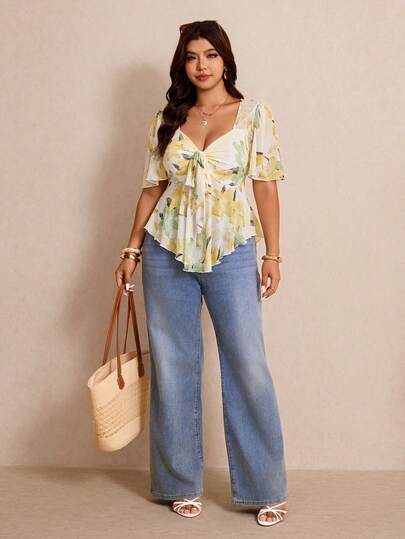 Elaquor Plus Size Elegant Floral Print Tie Front T-Shirt, Summer