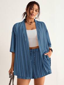 SHEIN VCAY Plus Size Light Blue Striped 2-Piece Set,Women's Summer Boho Beach Holiday Cardigan Jacket And Drawstring Shorts,Loose Vacation Style Casual Suit - Blue and White - View 7