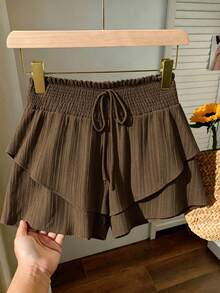 EMERY ROSE CURVE Plus Size Women Summer Solid Color Textured Fabric Shirred Waist Double Layer Leg Design Shorts Beach Chocolate Brown Casual - Brown - View 3
