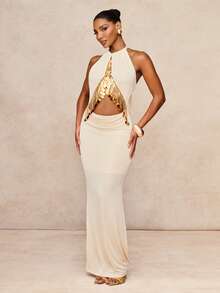 Lumalex Women's Elegant Beige Summer Sequin Tassel Decor Backless Bodycon Maxi Dress,Halter Hollow-Out Mermaid Hem Pearl Dress For Party Night Birthday Party - Apricot - View 7