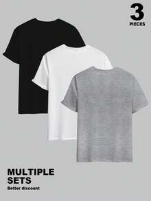 Manfinity Homme 3pcs/Set Men's Casual Solid Color Round Neck Short Sleeve T-Shirts, Versatile For Summer, Holiday - Grey - View 2