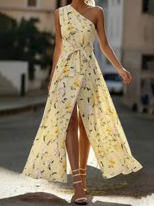 EMERY ROSE Women's Fashion Asymmetric Neck Ruched A-Line Elegant Printed Pleated Split Dress, Suitable For Spring And Summer - Multicolor - View 3