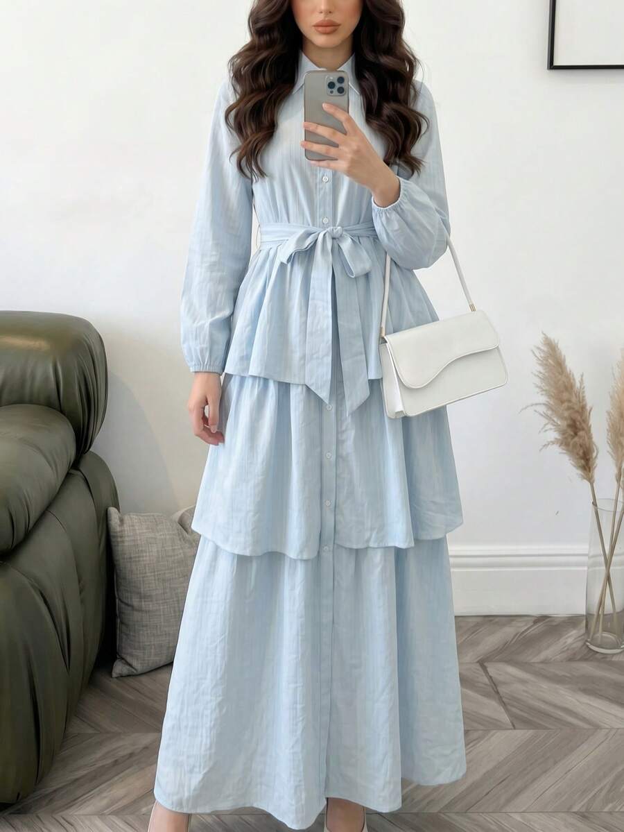 Solavon Women's Casual Daily Solid Color Multi-Layer Ruffle Hem Front Button Shirt Collar Dress