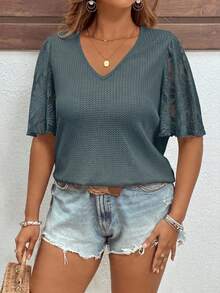Reflora Plus Size Elegant Waffle Knit Patchwork Ruffle Sleeve T-Shirt - Teal Blue - View 7