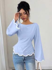 Elenzga 1pc Women's Spring/Summer Wavy Heart Woven Trim Ruched Waist Blouse - Baby Blue - View 4