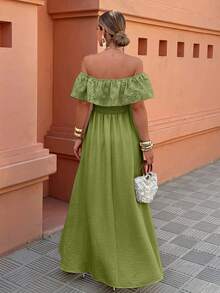 Flora Isola Flora Isola Women's Summer Beach Vacation Solid Color Schiffy Ruffle Trim Cinched Waist High Slit Dress - Limelight Green - View 2
