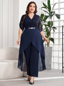 SHEIN Clasi Mono de talla grande con decoración de strass, parches de encaje y volantes - Azul Marino - Ver 9
