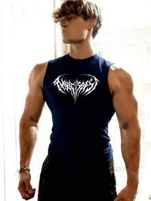 Gym Rark Men's Graphic Print Round Neck Sports Tank Top, For Running & Fitness, Gym, Holiday - Navy Blue - View 3