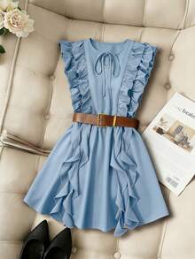 Pariaura Vintage Brown Ruffled Hem Full Design Dress/Waist Cinching Slim Mini Dress/Elegant & Sweet - Baby Blue - View 3