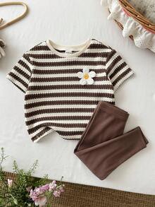 SHEIN LMoss Kids 2件套女婴针织条纹宽松休闲T恤和纯色针织裤套装 - 棕色 - 查看 6
