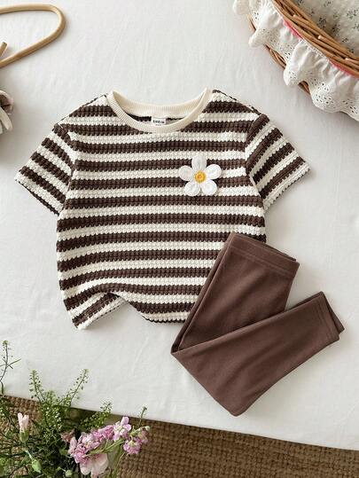 SHEIN 2 pièces Ensemble t-shirt décontracté ample rayé tricoté et pantalon tricoté de couleur unie pour bébé fille