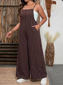 EMERY ROSE Plus Size Colorblock Polka Dot Print Jumpsuit With Real Pockets, Loose Straight Leg Casual Jumpsuit For Home & Outdoor Wear - Brown - View 5