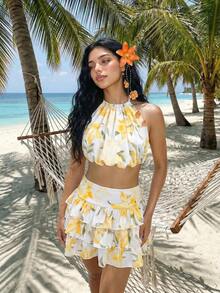 Sweetina Bộ 2 món gồm áo croptop tay cánh hoa và chân váy mini xếp tầng dành cho nữ, phong cách nghỉ mát. - Màu vàng - Xem 5