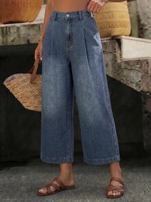 EMERY ROSE Mature Denim Quần jeans nữ ống rộng xếp ly có túi, dáng rộng thoải mái - Màu xanh lam - Xem 3