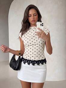 Modelyn Women's White And Black Polka Dot Print Minimalist French Elegant Sexy Style Shirt Daytime Summer Brunch Day Party Tea Party High Tea Golf Breakfast - Beige - View 4