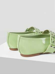 MOTF PREMIUM WOMEN SHOES NEW FRENCH RETRO FASHION LIGHT GREEN PU LEATHER DOUBLE-BREASTED RIVET BUCKLE SQUARE TOE FLAT-SOLED SHOES, COMFORTABLE AND VERSATILE, LIGHTWEIGHT AND NOT TIRED FEET, SIMPLE ATMOSPHERE, CASUAL AND HIGH-END FOREIGN MARY JANE SHOES - Light green - View 7