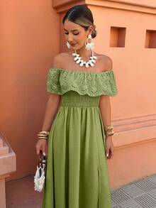 Flora Isola Flora Isola Women's Summer Beach Vacation Solid Color Schiffy Ruffle Trim Cinched Waist High Slit Dress - Limelight Green - View 4